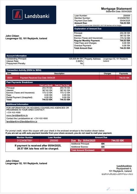 Download Iceland Landsbankinn mortgage statement Word and PDF template Photoshop template